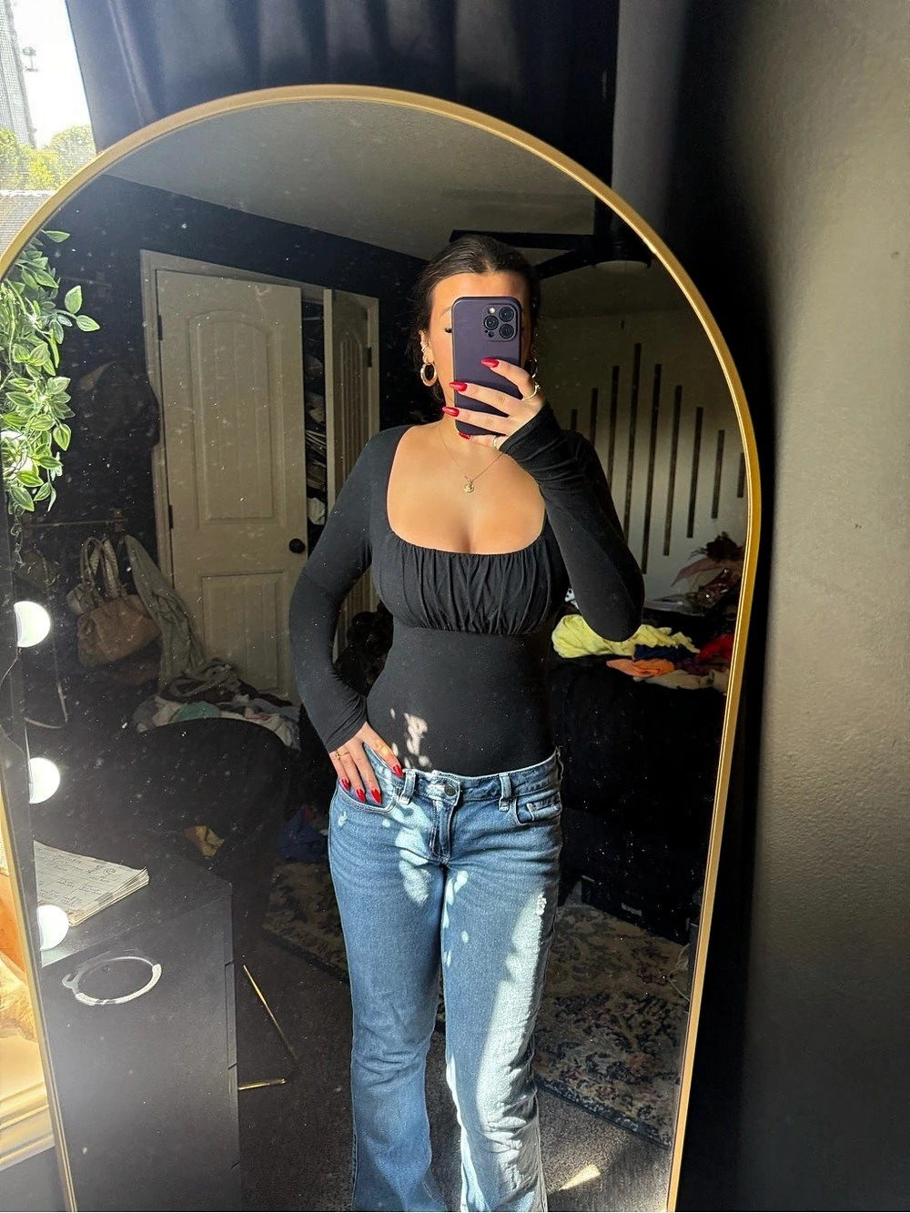 Black Long Sleeve Ruched Bodysuit Like New